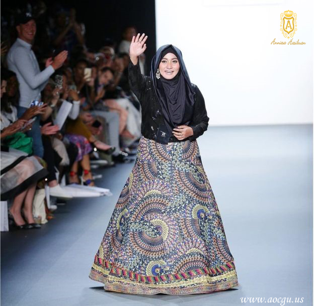 The muslim fashion designer anniesa hasibuan in new york fashion week catwalk.